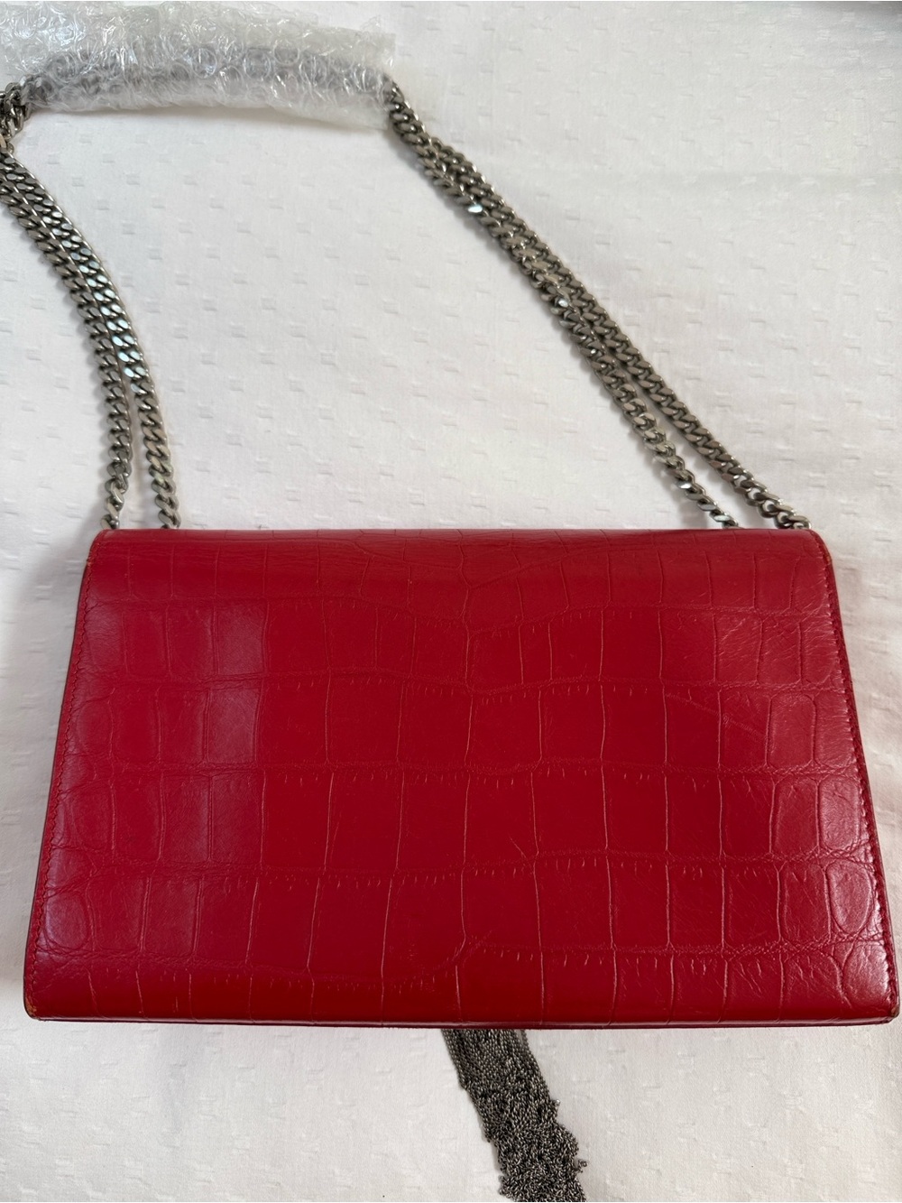 Saint Laurent Red Croc-Embossed Leather Tassel Chain Crossbody Bag - Picture 3 of 7
